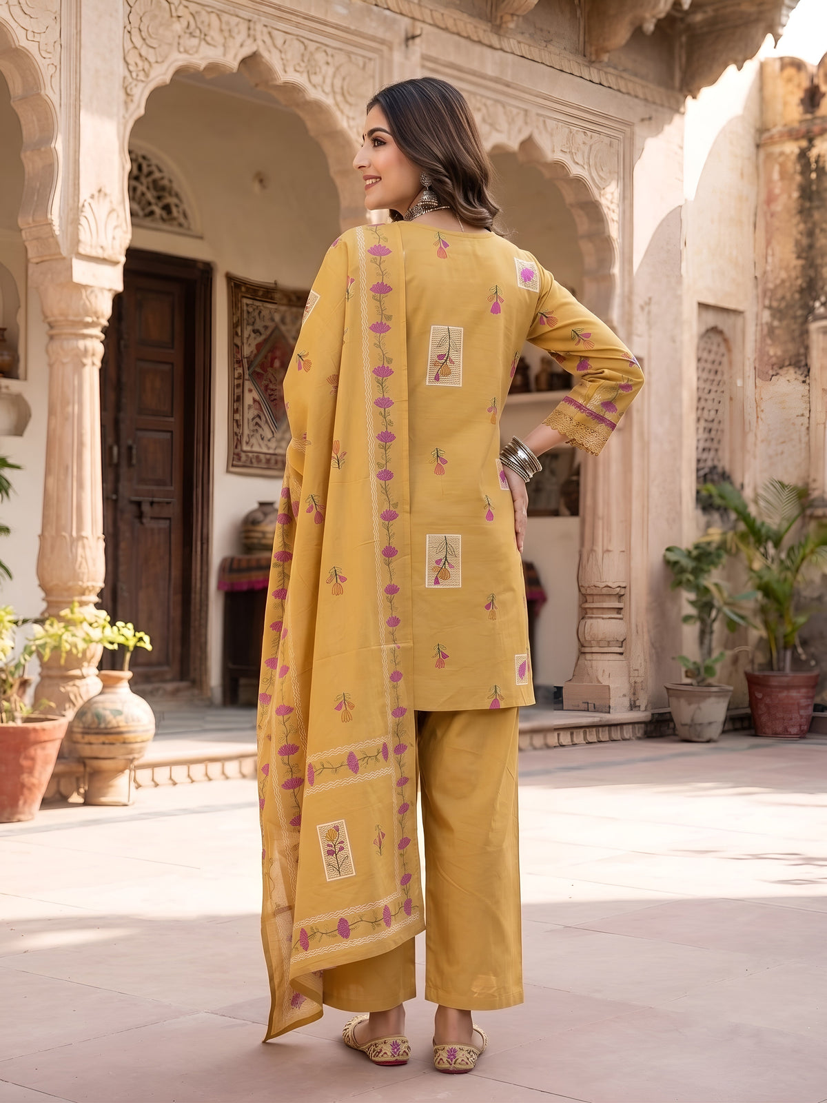 Mustard Printed Straight Kurta Set With Dupatta for Women