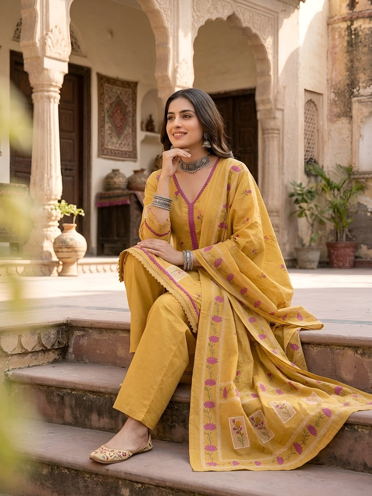 Mustard Printed Straight Kurta Set With Dupatta for Women