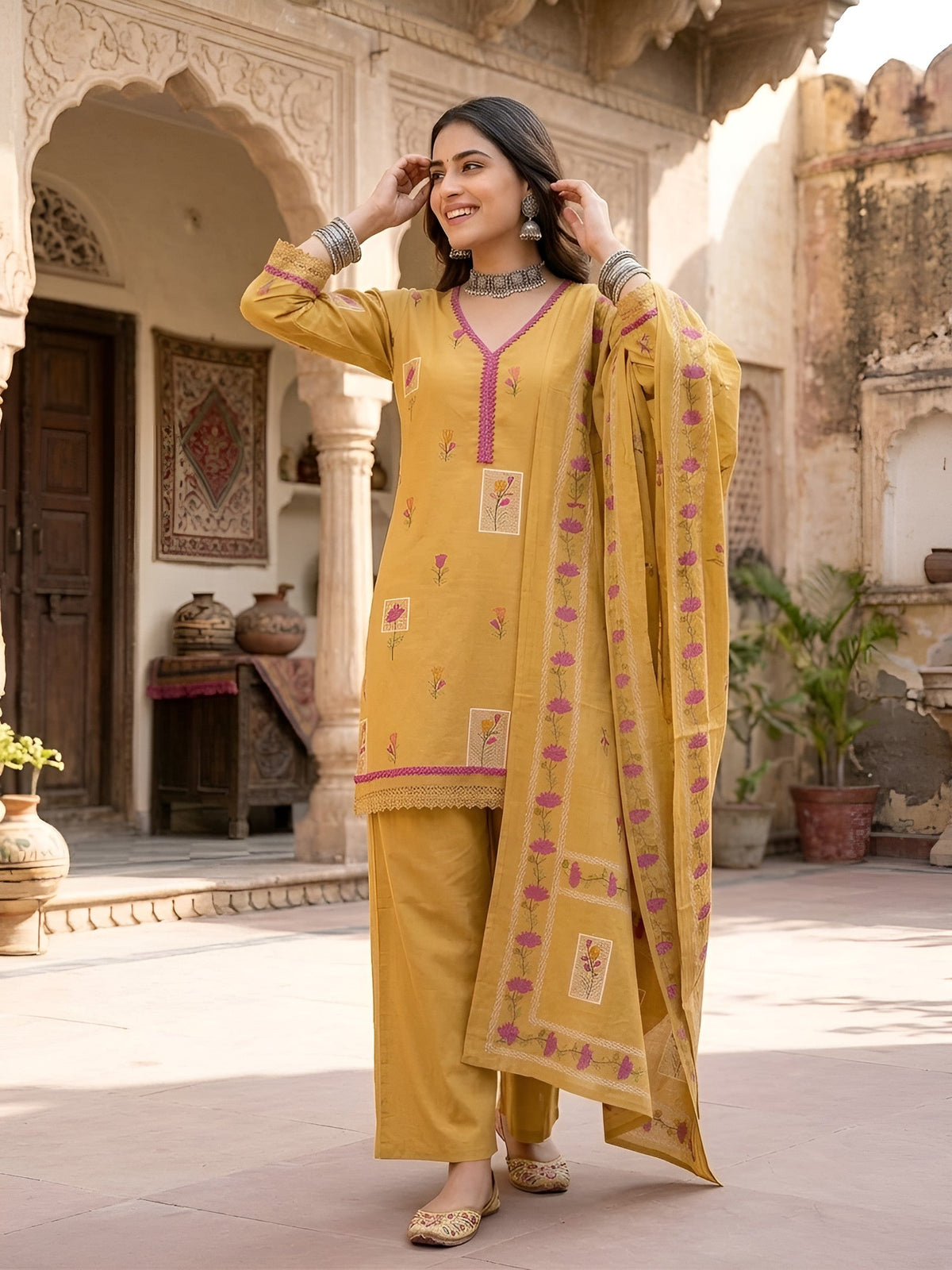 Mustard Printed Straight Kurta Set With Dupatta for Women