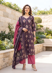 Kiana Burgundy Printed Straight Kurta Set With Dupatta for Women