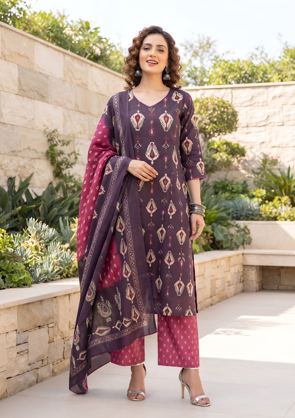 Kiana Burgundy Printed Straight Kurta Set With Dupatta for Women