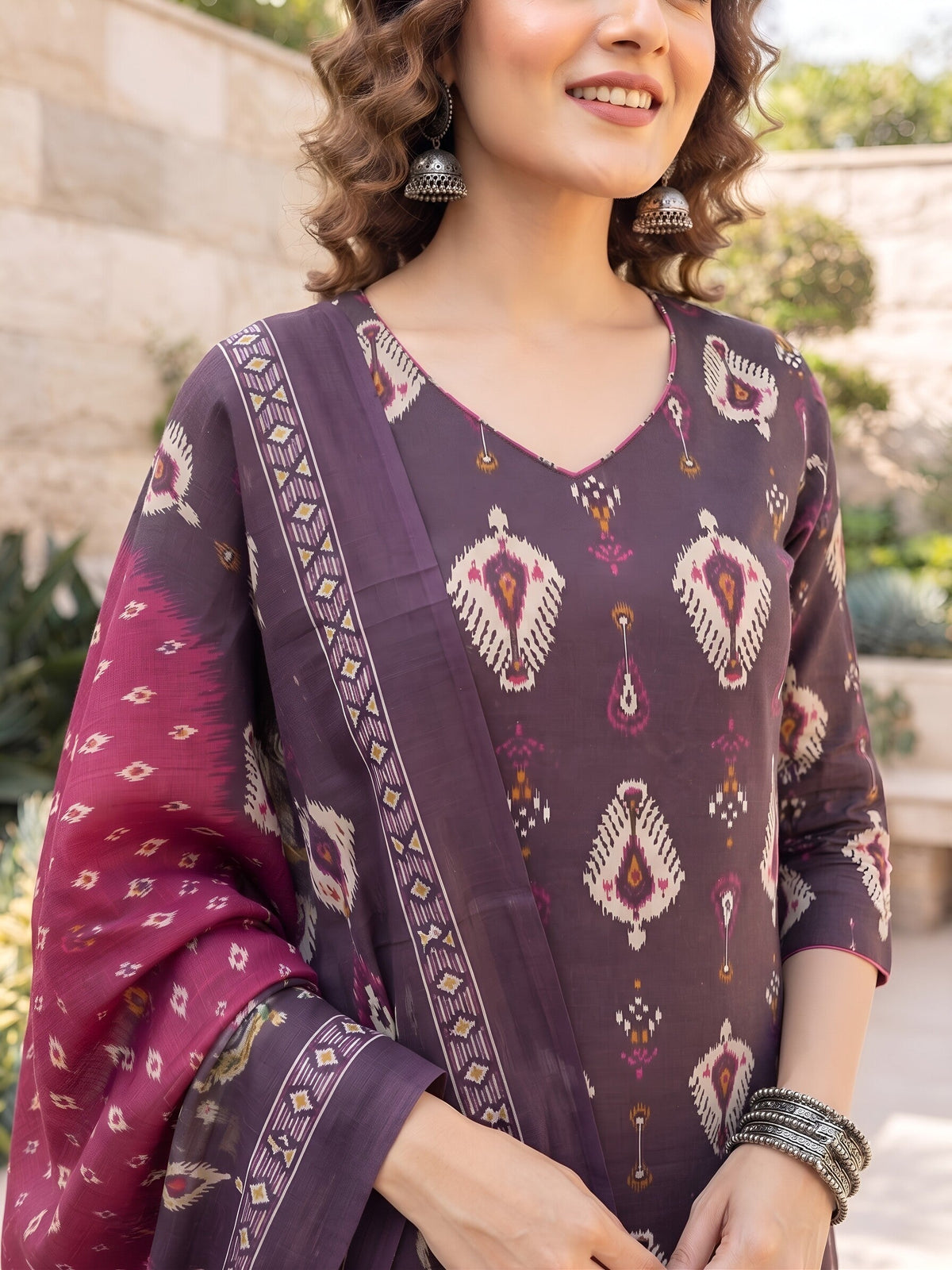 Kiana Burgundy Printed Straight Kurta Set With Dupatta for Women