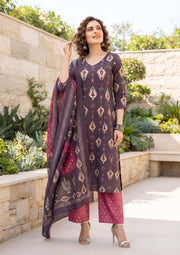Kiana Burgundy Printed Straight Kurta Set With Dupatta for Women
