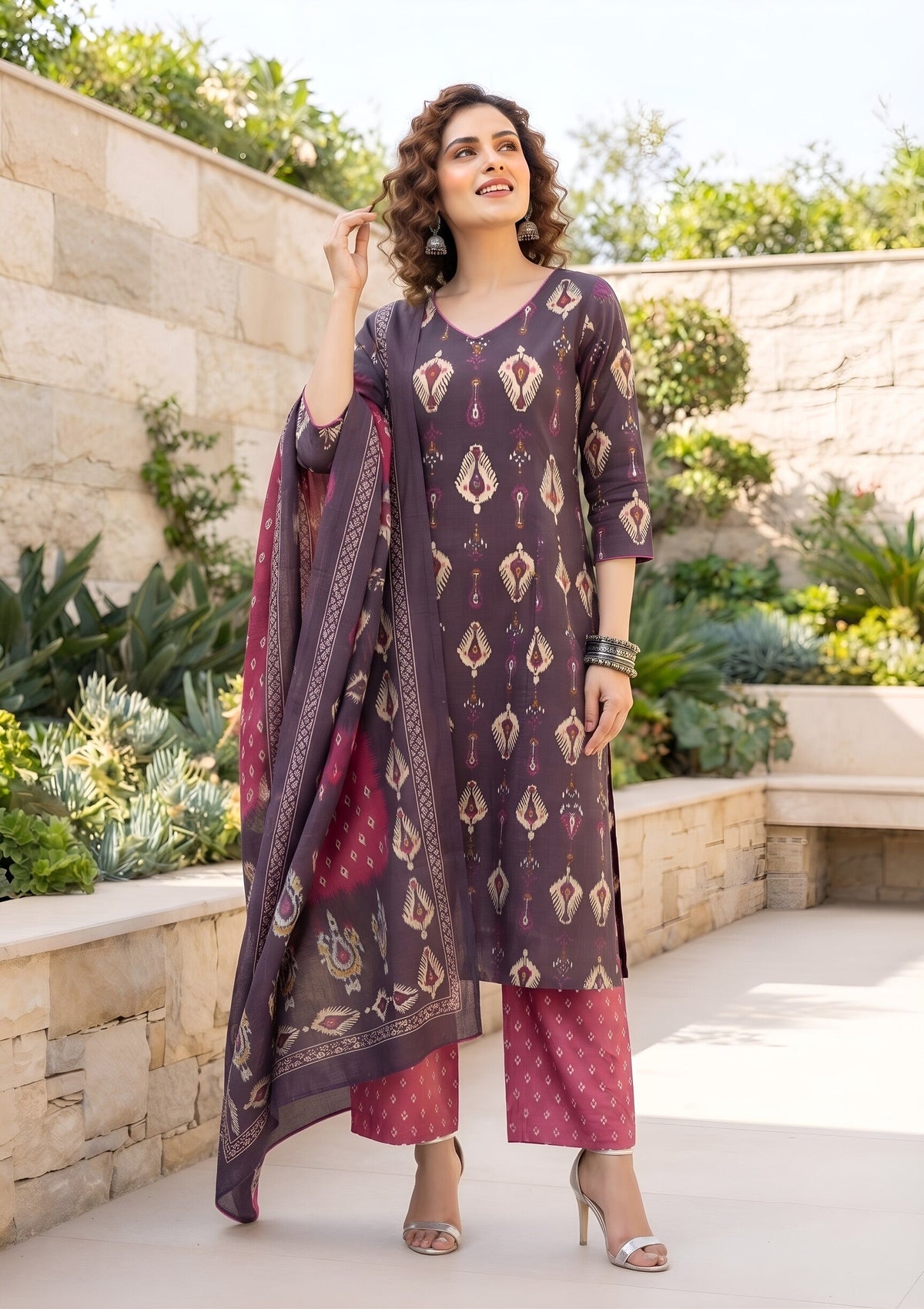 Kiana Burgundy Printed Straight Kurta Set With Dupatta for Women