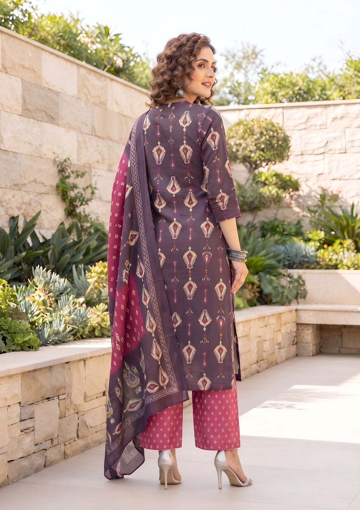 Kiana Burgundy Printed Straight Kurta Set With Dupatta for Women