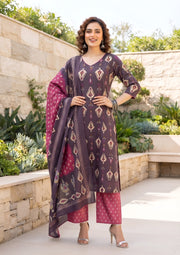 Kiana Burgundy Printed Straight Kurta Set With Dupatta for Women