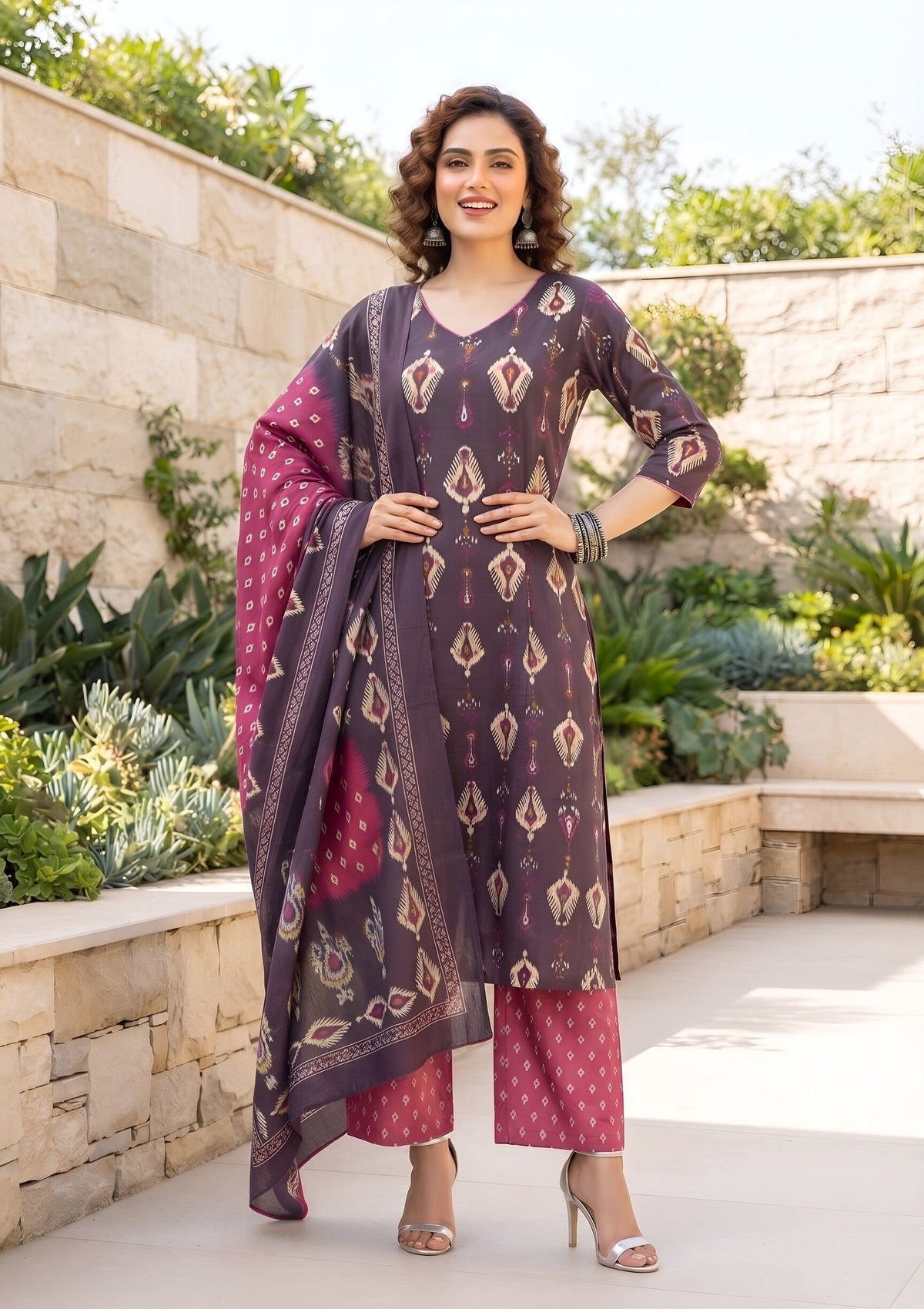 Kiana Burgundy Printed Straight Kurta Set With Dupatta for Women