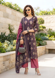 Kiana Burgundy Printed Straight Kurta Set With Dupatta for Women