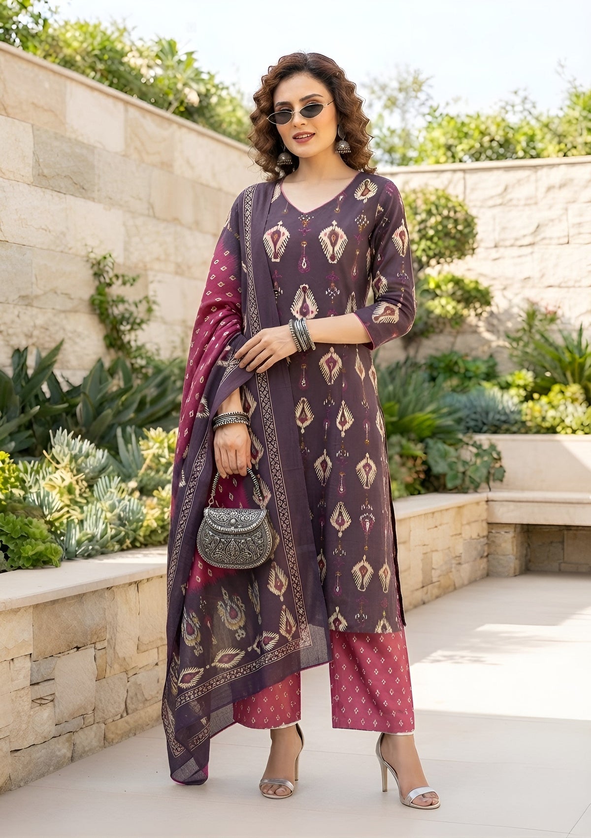 Kiana Burgundy Printed Straight Kurta Set With Dupatta for Women
