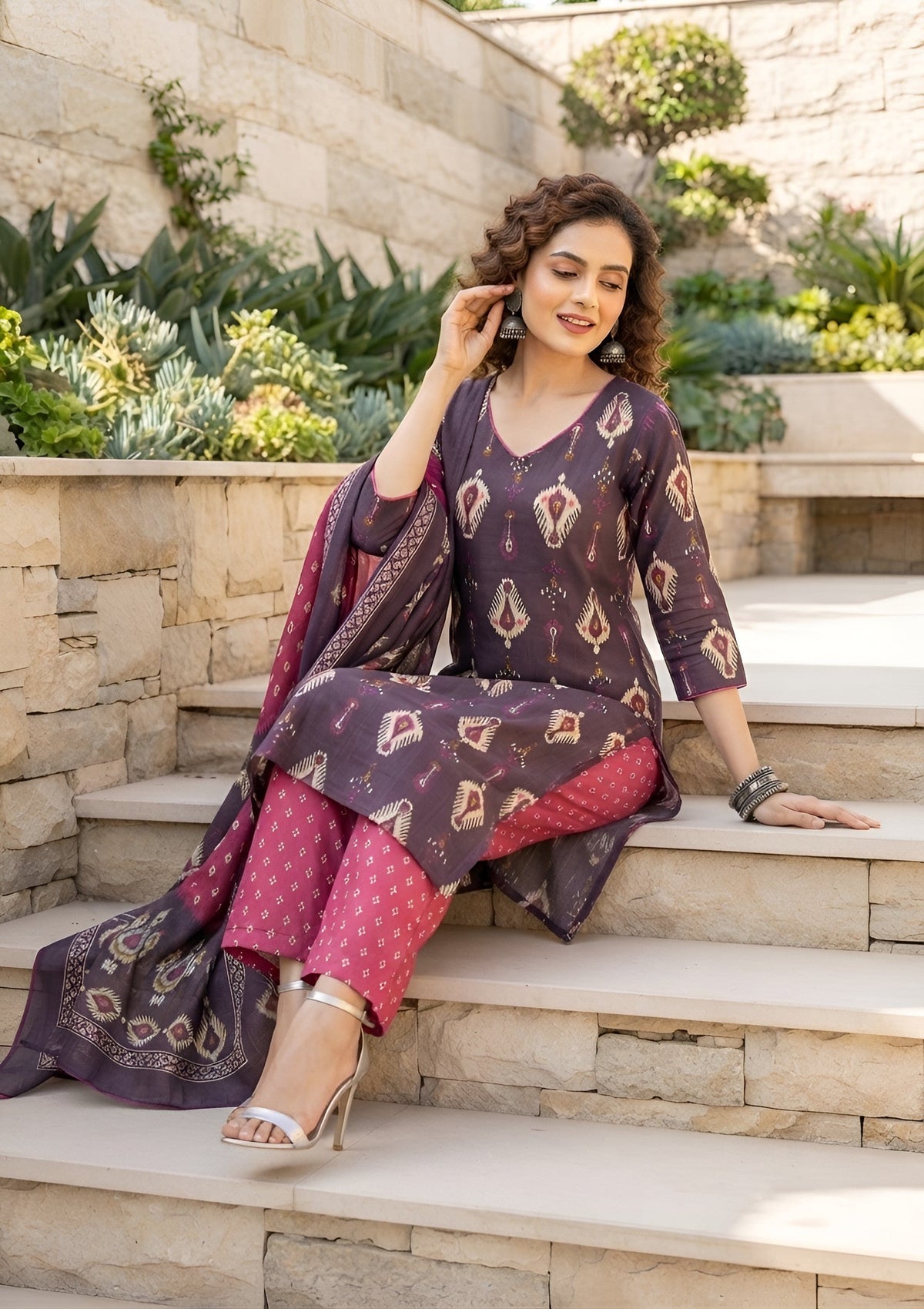 Kiana Burgundy Printed Straight Kurta Set With Dupatta for Women