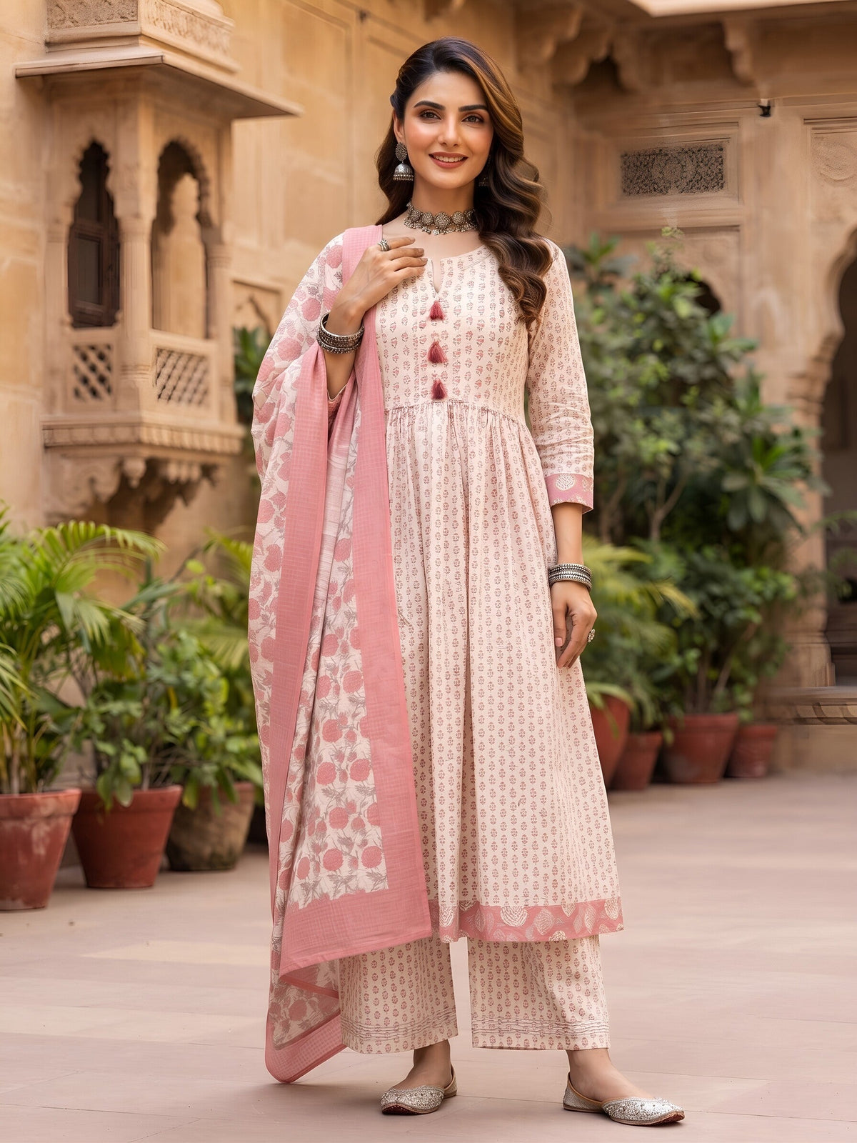 Sharna Off White Anarkali Kurta Set With Dupatta for Women