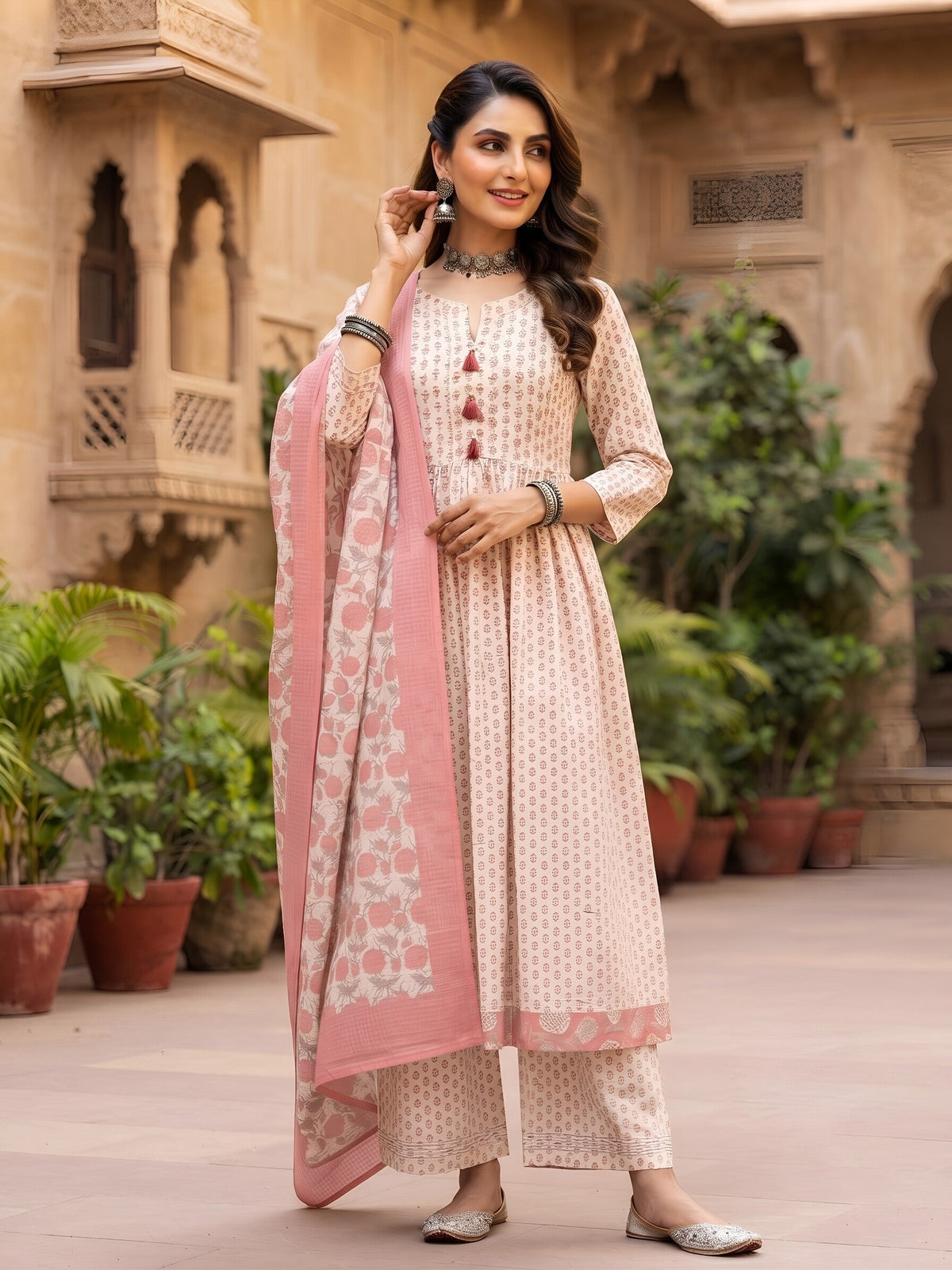 Sharna Off White Anarkali Kurta Set With Dupatta for Women