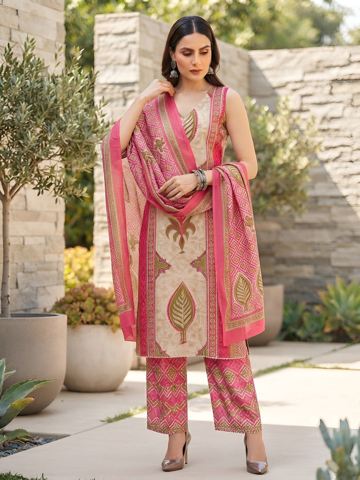 Nia Pink Printed Straight Kurta Set With Dupatta for Women
