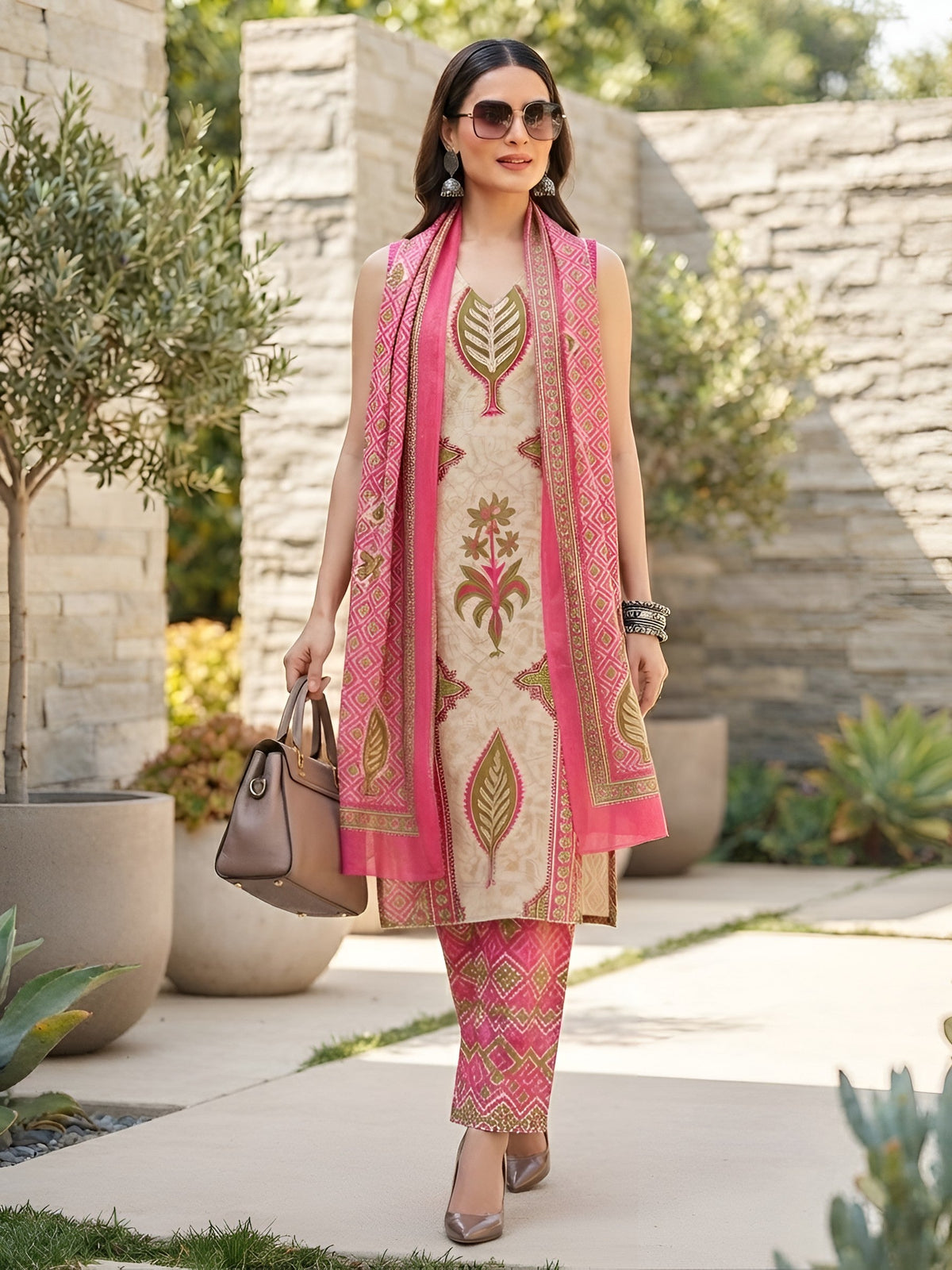 Nia Pink Printed Straight Kurta Set With Dupatta for Women