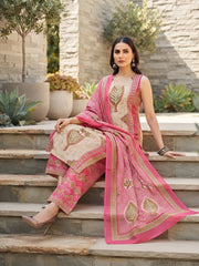 Nia Pink Printed Straight Kurta Set With Dupatta for Women