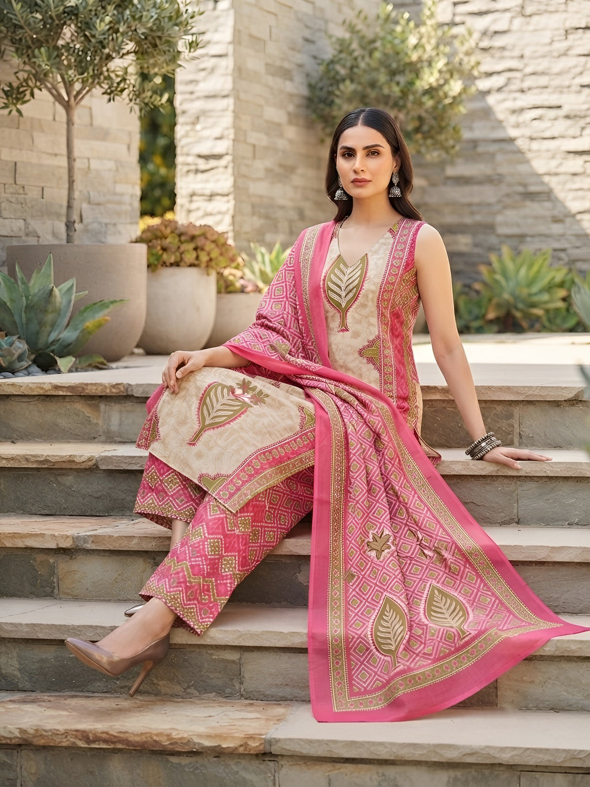 Nia Pink Printed Straight Kurta Set With Dupatta for Women