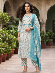 Turquoise Blue Printed Straight Kurta Set With Dupatta for Women