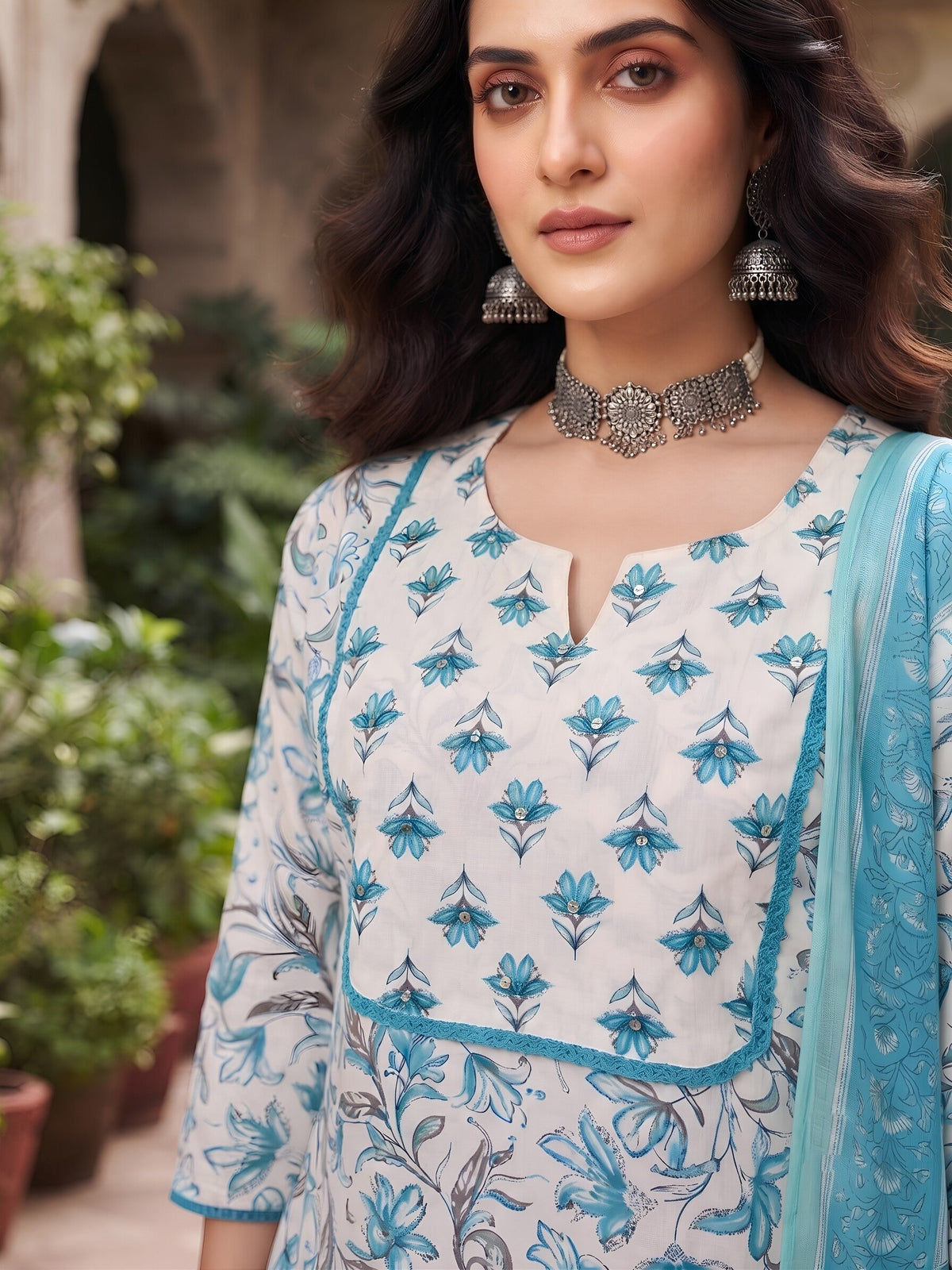 Turquoise Blue Printed Straight Kurta Set With Dupatta for Women