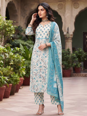 Turquoise Blue Printed Straight Kurta Set With Dupatta for Women
