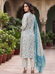 Turquoise Blue Printed Straight Kurta Set With Dupatta for Women