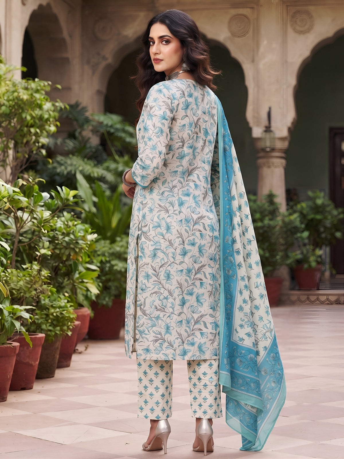 Turquoise Blue Printed Straight Kurta Set With Dupatta for Women