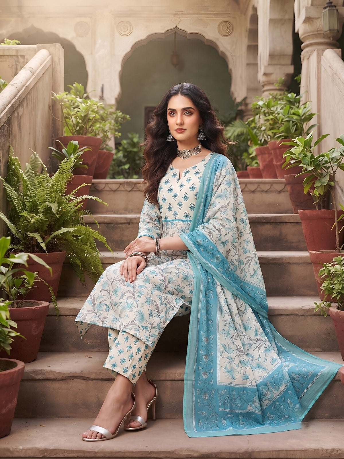 Turquoise Blue Printed Straight Kurta Set With Dupatta for Women