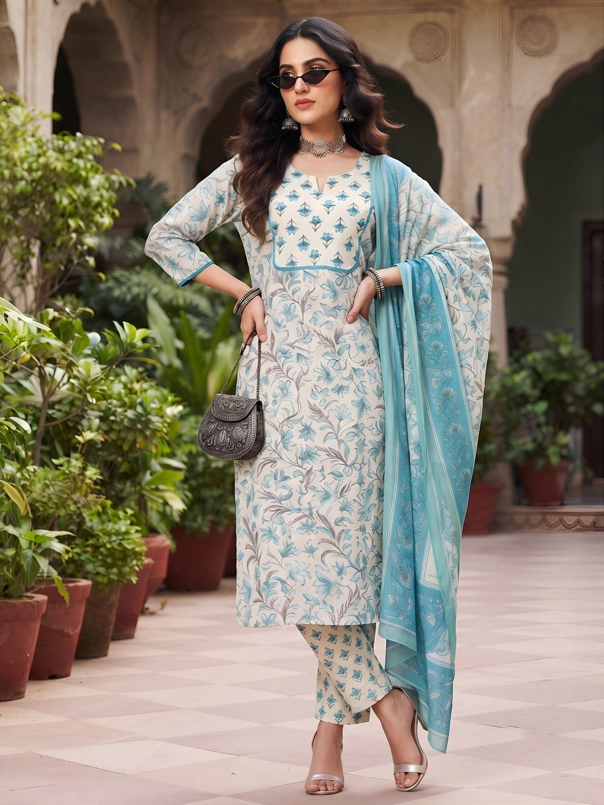 Turquoise Blue Printed Straight Kurta Set With Dupatta for Women