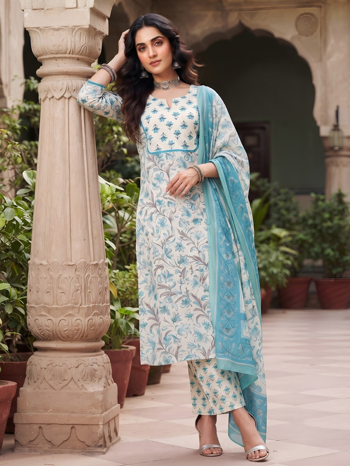 Turquoise Blue Printed Straight Kurta Set With Dupatta for Women