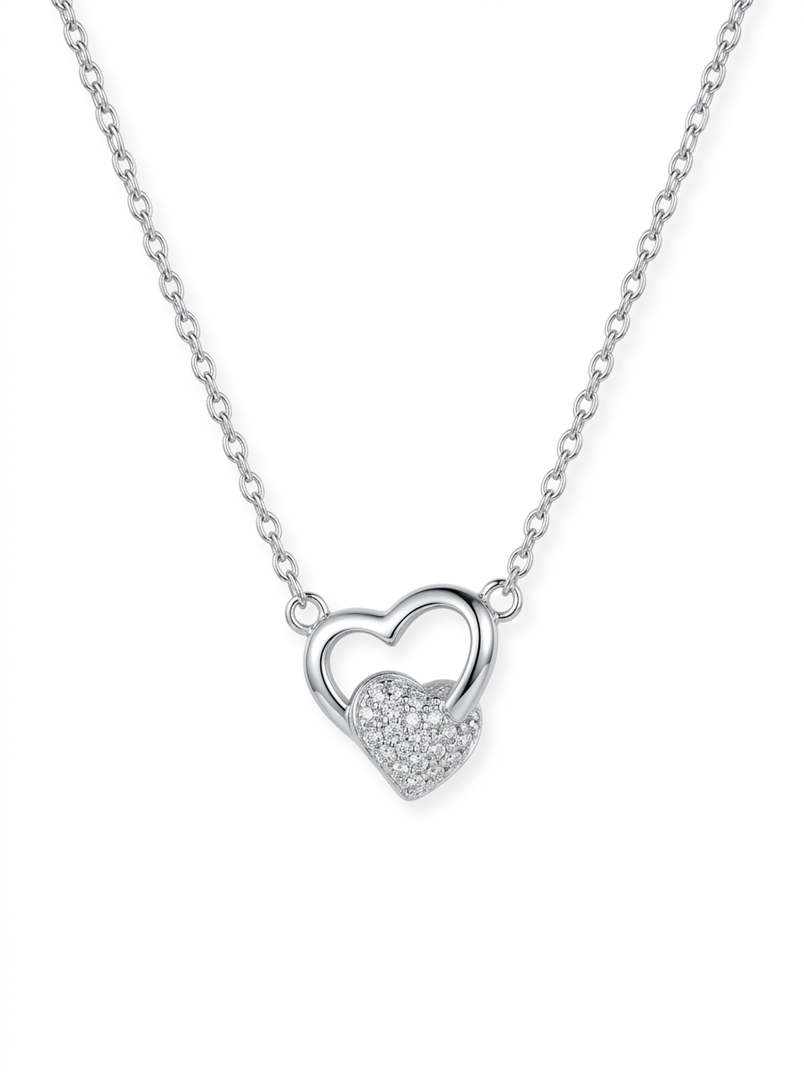 925 Sterling Silver Linked Hearts CZ Necklace for Women