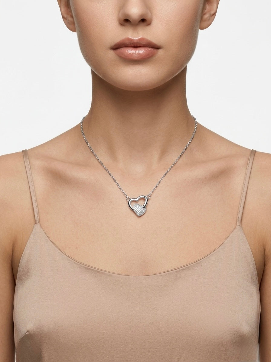 925 Sterling Silver Linked Hearts CZ Necklace for Women