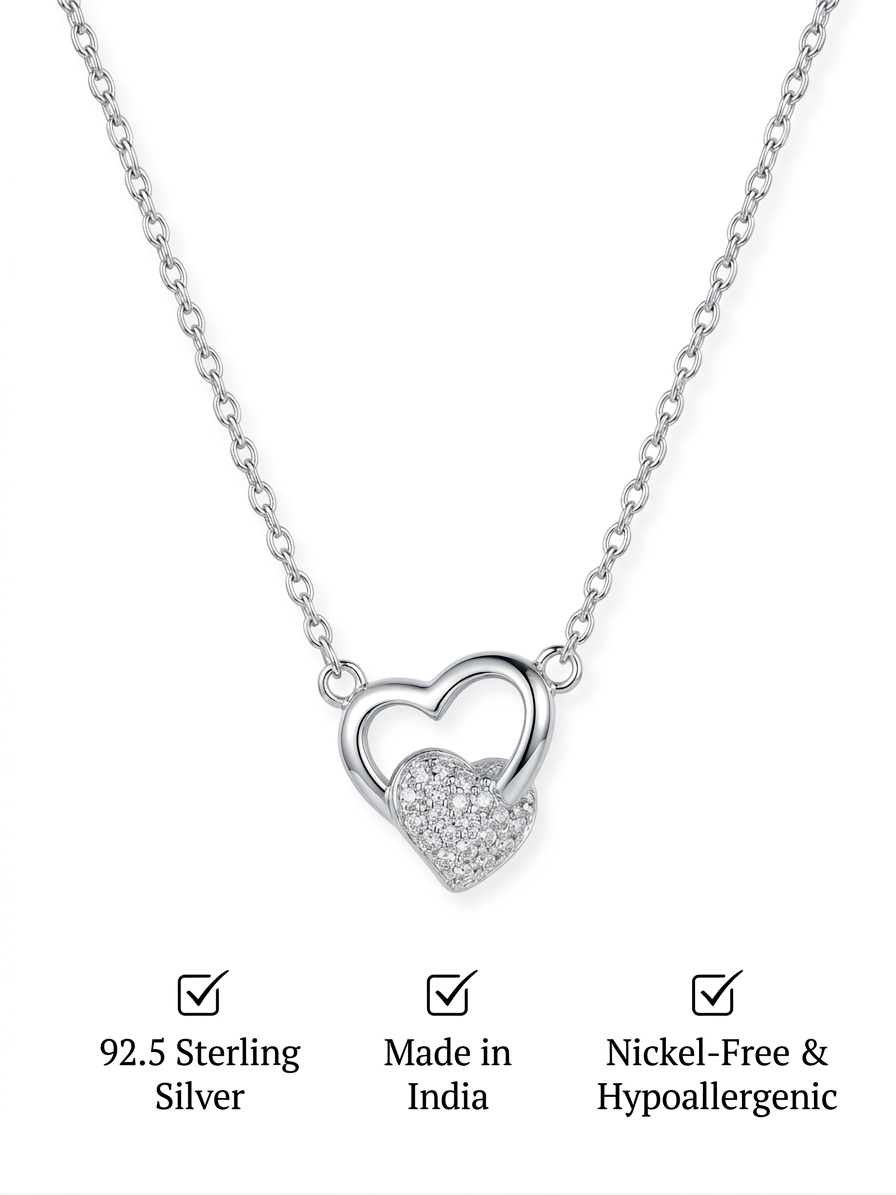 925 Sterling Silver Linked Hearts CZ Necklace for Women