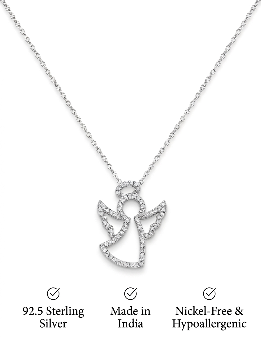 925 Sterling Silver Angel CZ Pendant Necklace for Women