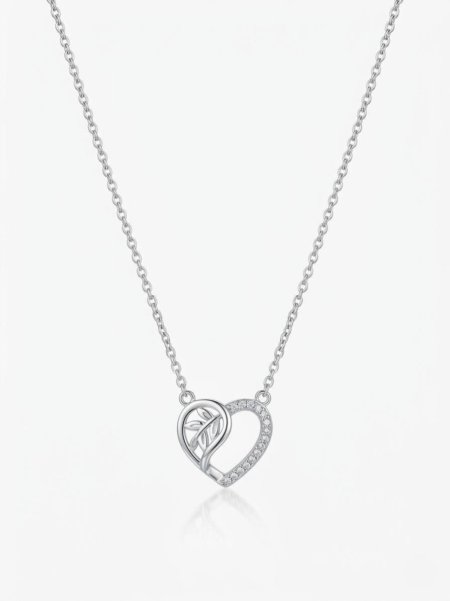 925 Sterling Silver CZ Heart & Leaf Pendant Necklace for Women