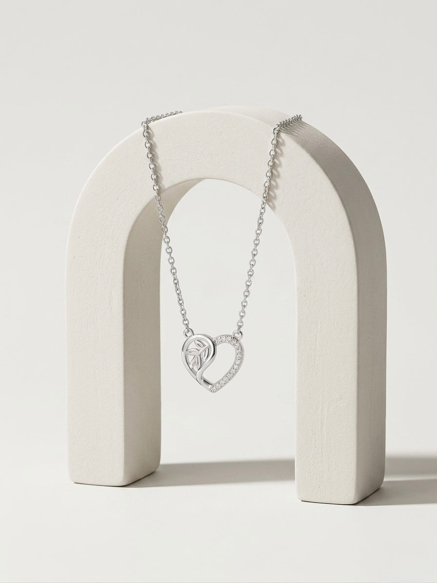 925 Sterling Silver CZ Heart & Leaf Pendant Necklace for Women
