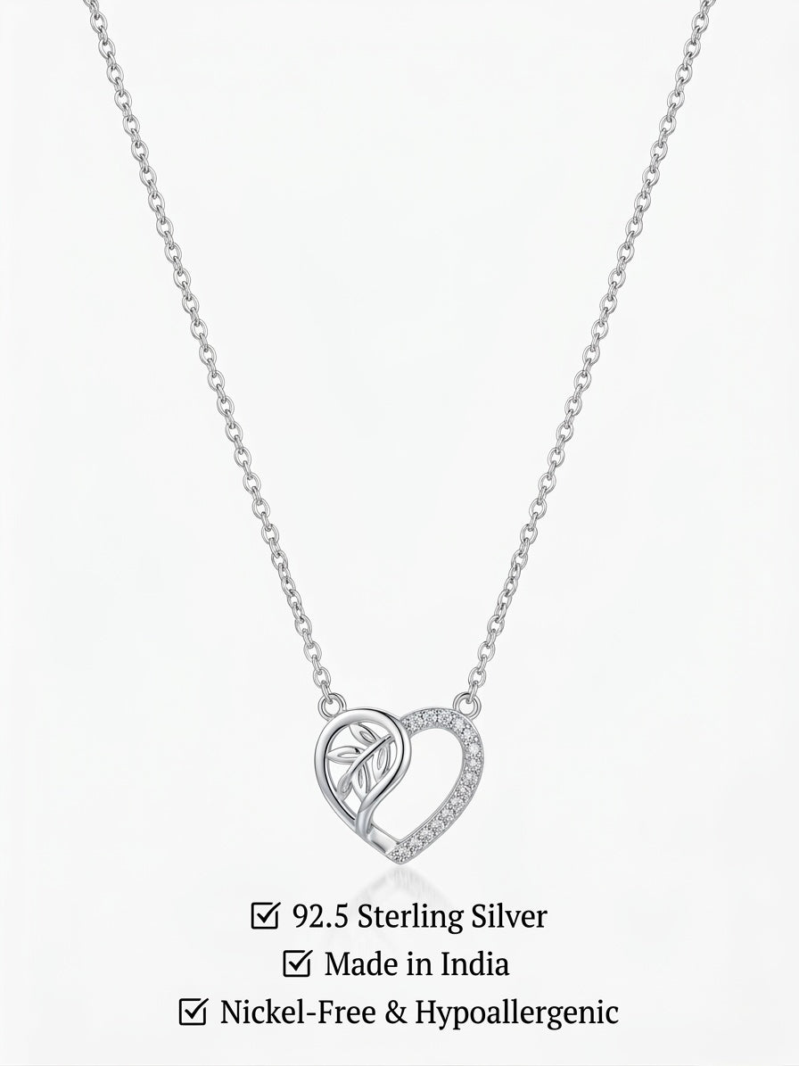 925 Sterling Silver CZ Heart & Leaf Pendant Necklace for Women