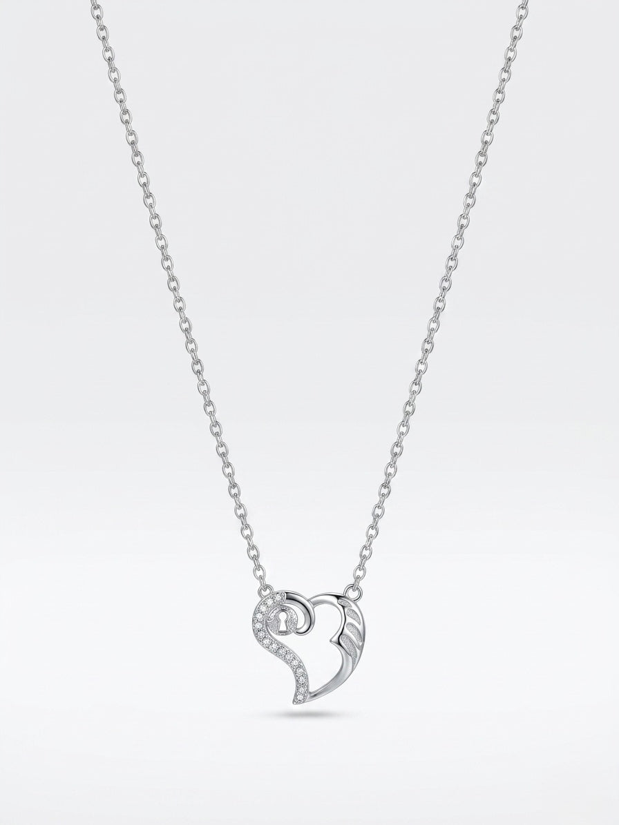 925 Sterling Silver Heart Lock CZ Pendant Necklace for Women