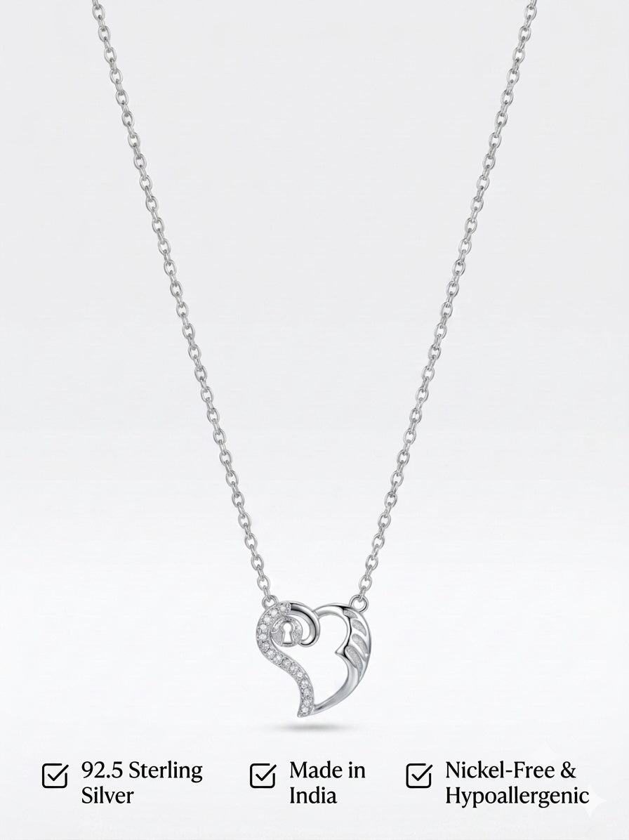 925 Sterling Silver Heart Lock CZ Pendant Necklace for Women