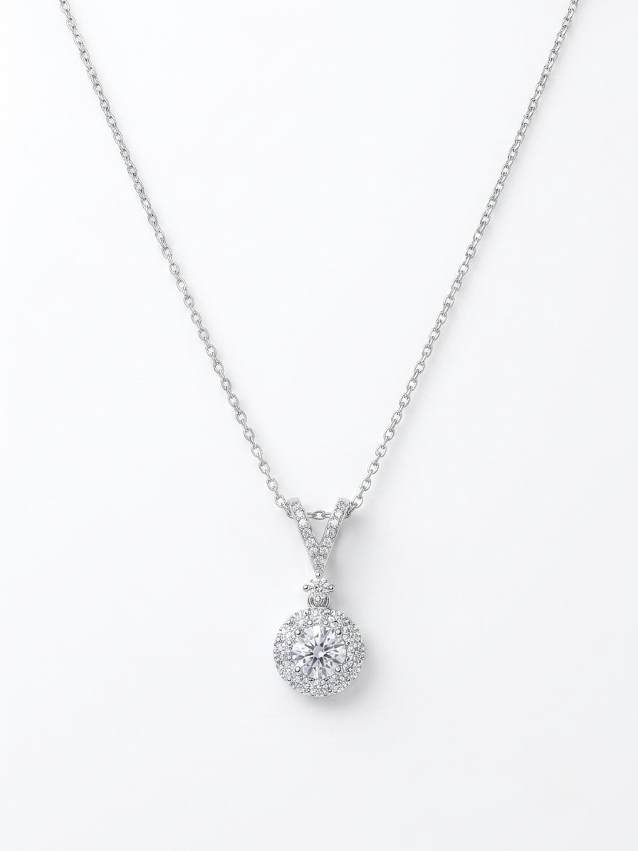 925 Sterling Silver Halo CZ Solitaire Drop Pendant Necklace for Women