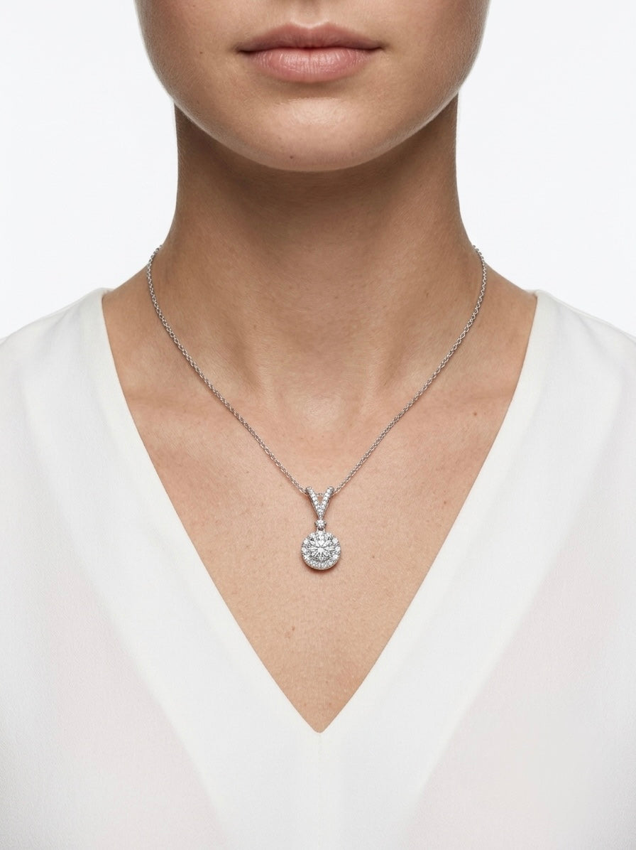 925 Sterling Silver Halo CZ Solitaire Drop Pendant Necklace for Women