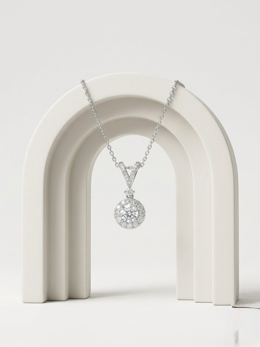 925 Sterling Silver Halo CZ Solitaire Drop Pendant Necklace for Women