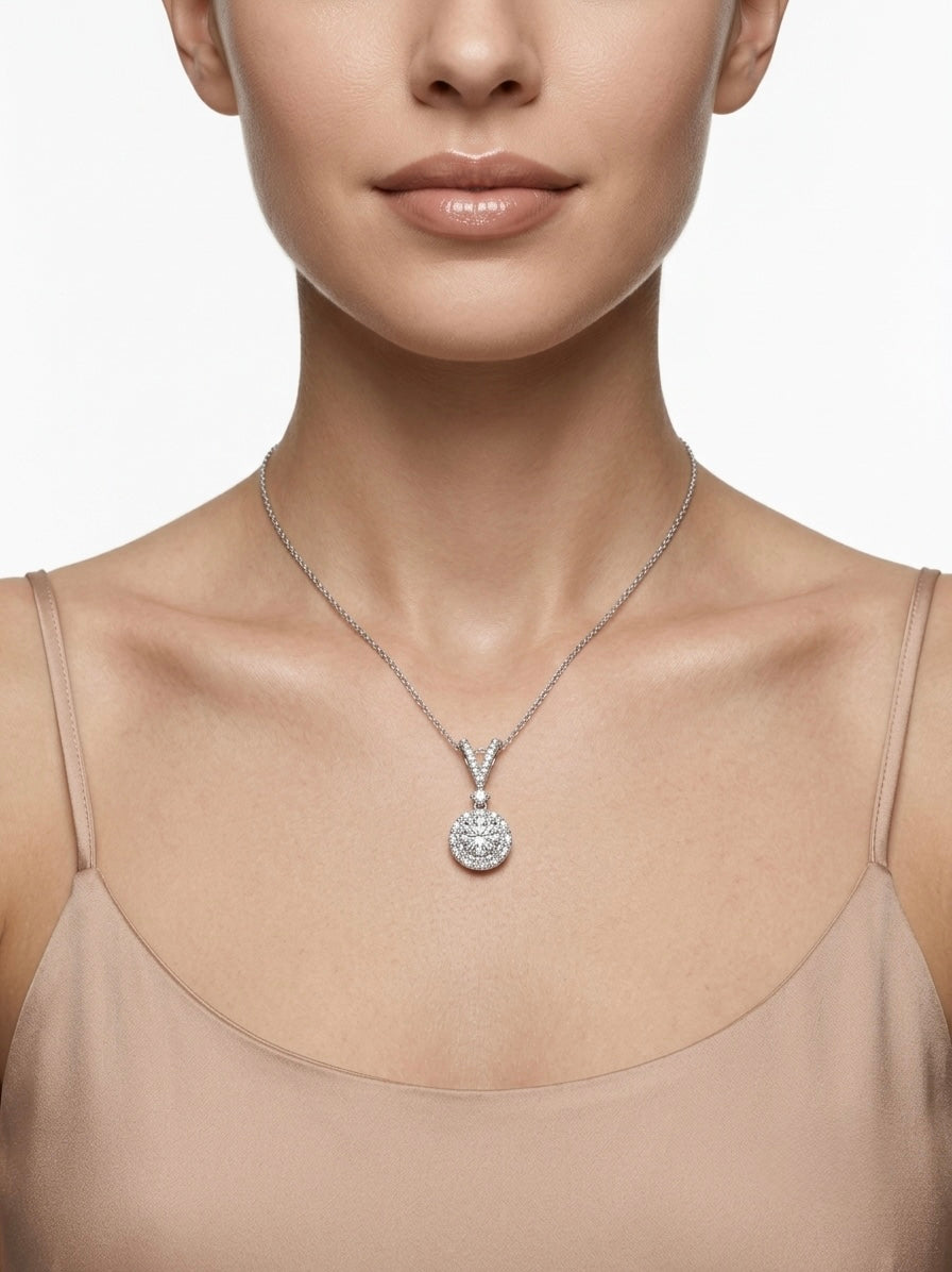 925 Sterling Silver Halo CZ Solitaire Drop Pendant Necklace for Women