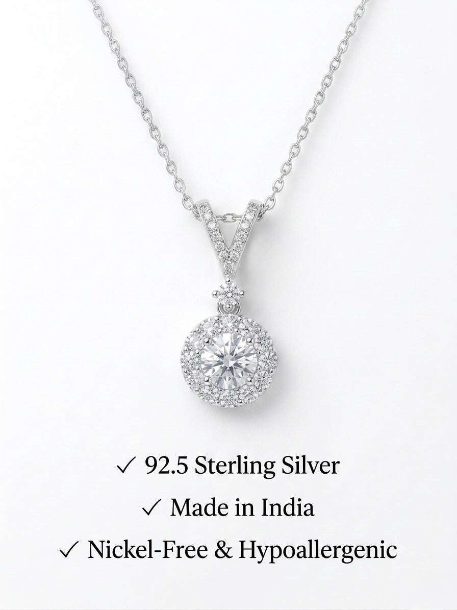 925 Sterling Silver Halo CZ Solitaire Drop Pendant Necklace for Women
