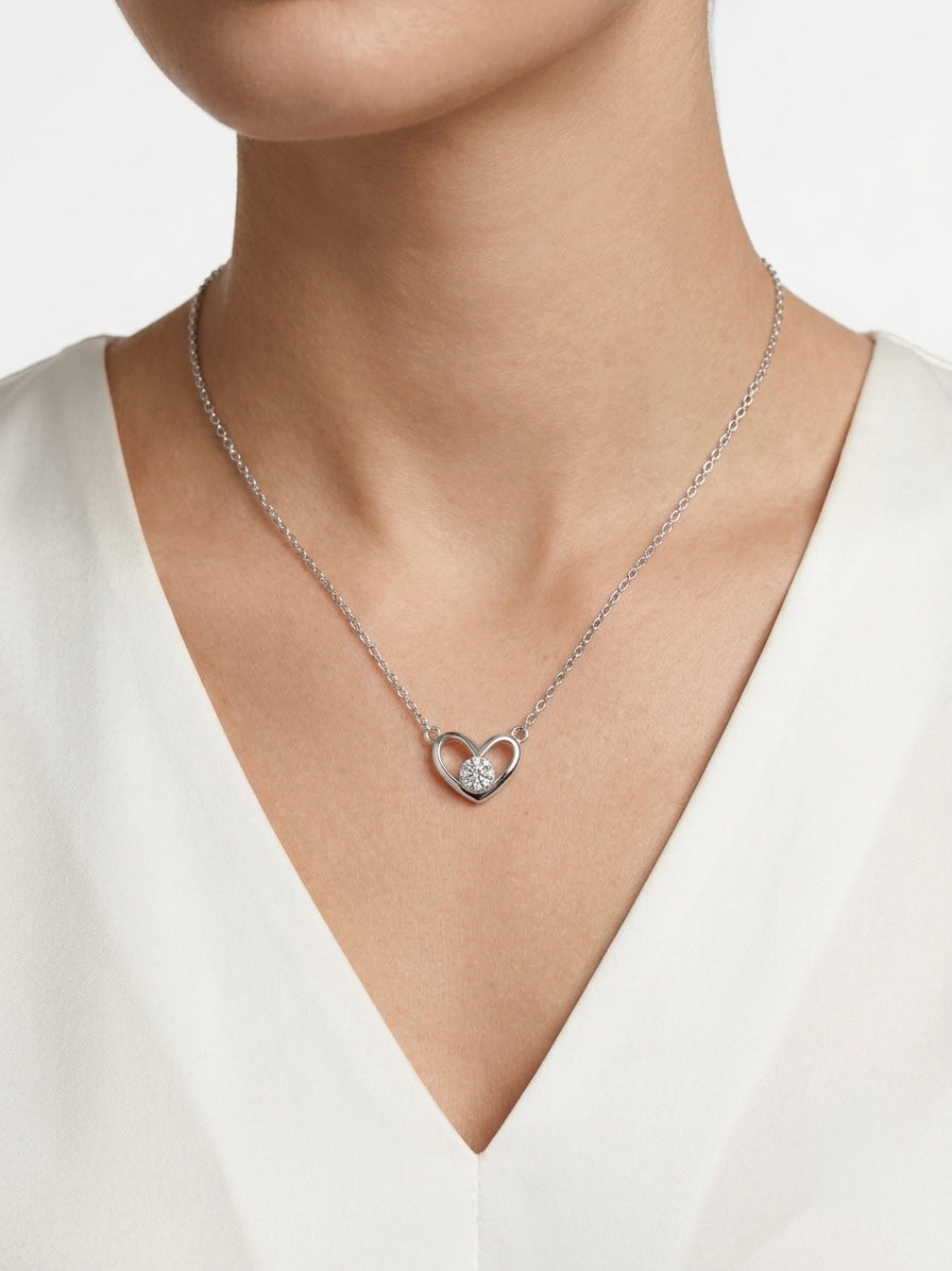 925 Sterling Silver Open Heart CZ Pendant Necklace for Women