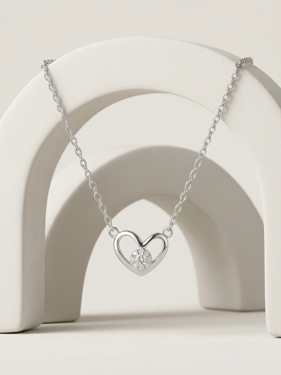 925 Sterling Silver Open Heart CZ Pendant Necklace for Women