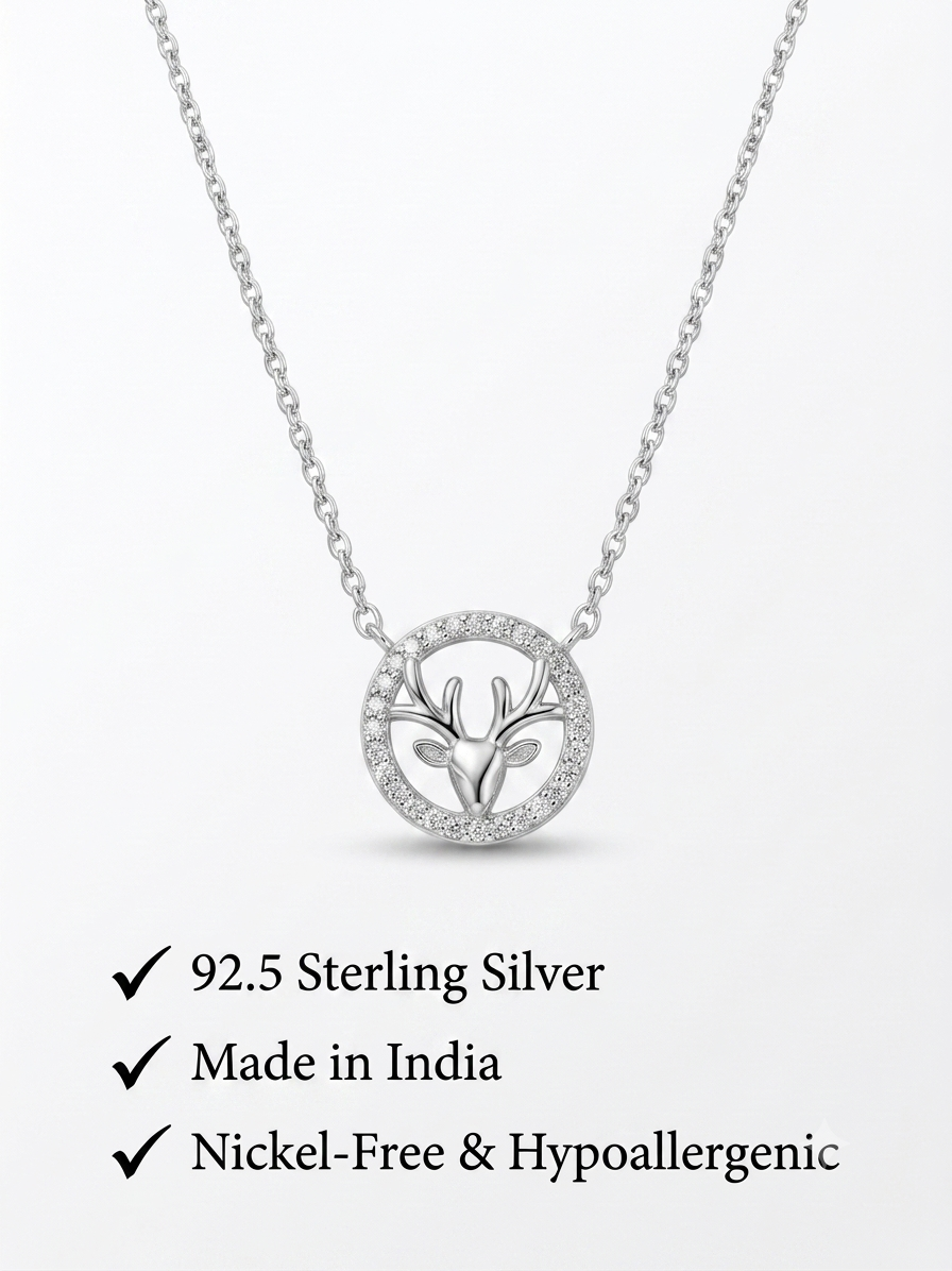925 Sterling Silver CZ Deer Head Circle Pendant Necklace for Women