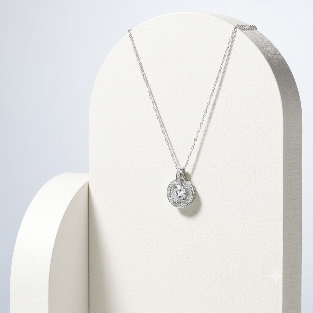 925 Sterling Silver Halo CZ Solitaire Pendant Necklace for Women