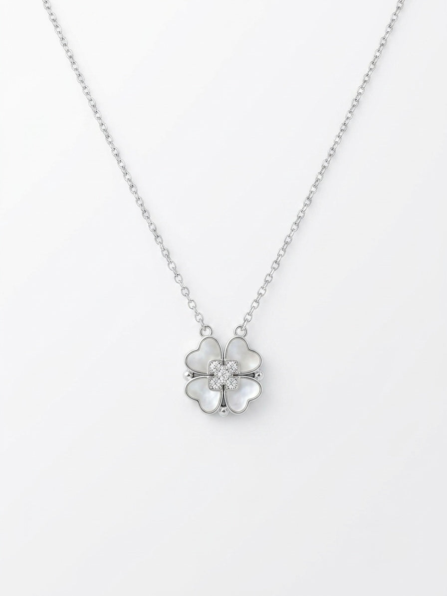 925 Sterling Silver Mother of Pearl Four Leaf Clover CZ Pendant Necklace for Women