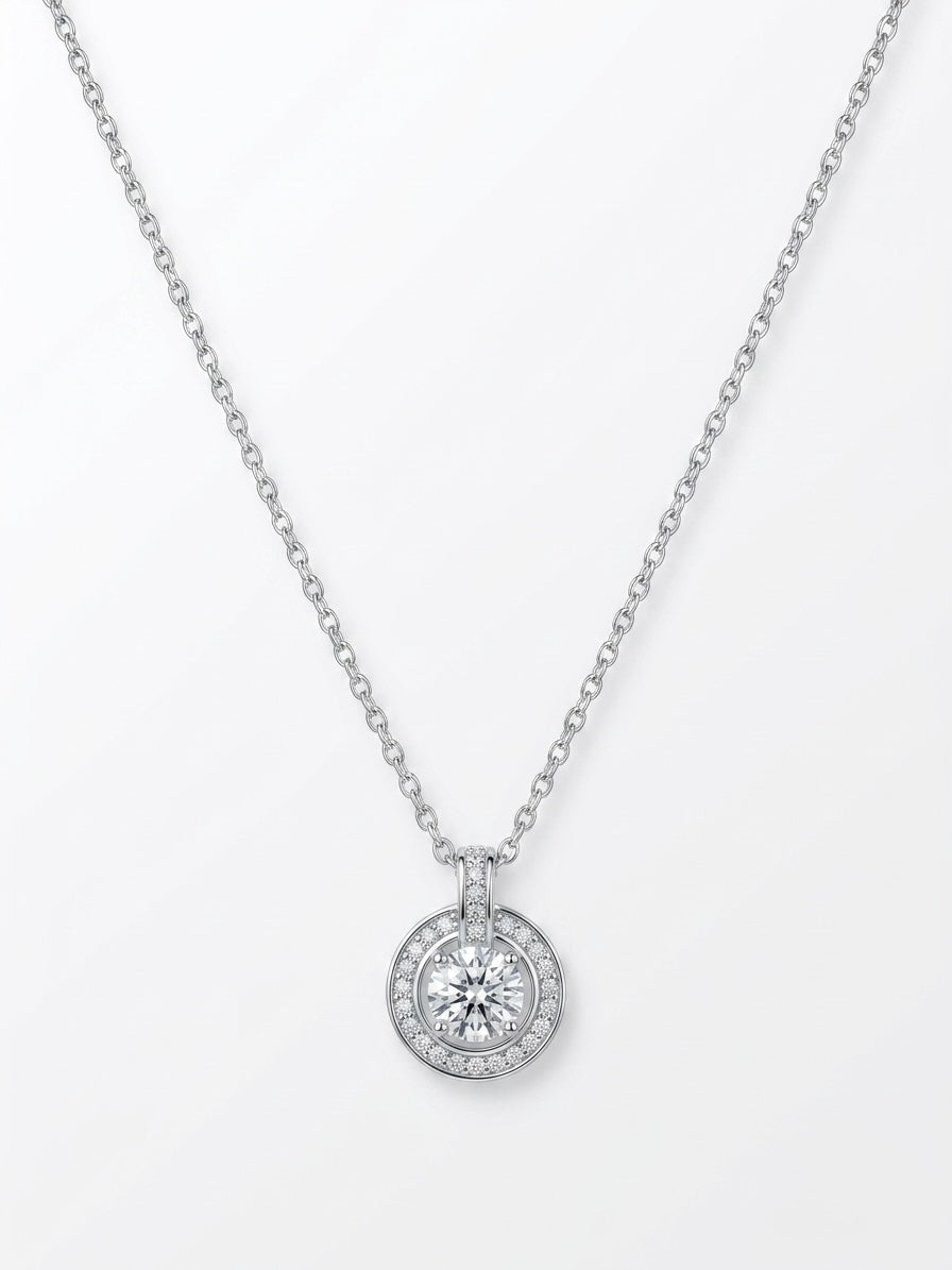 925 Sterling Silver Halo CZ Solitaire Pendant Necklace for Women