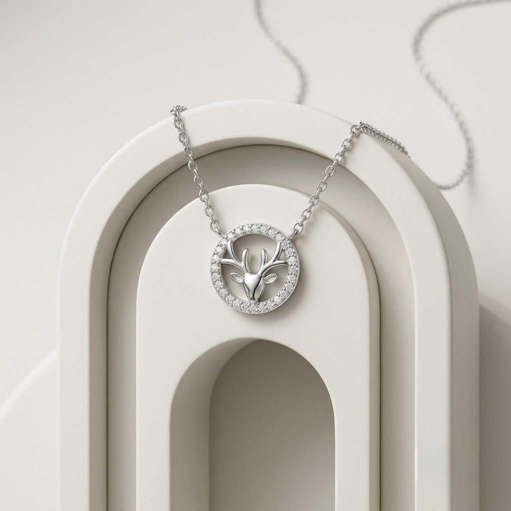 925 Sterling Silver CZ Deer Head Circle Pendant Necklace for Women