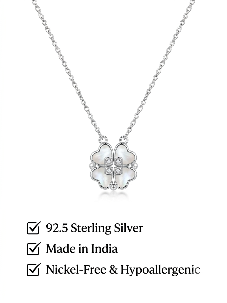 925 Sterling Silver Mother of Pearl Four Leaf Clover CZ Pendant Necklace for Women